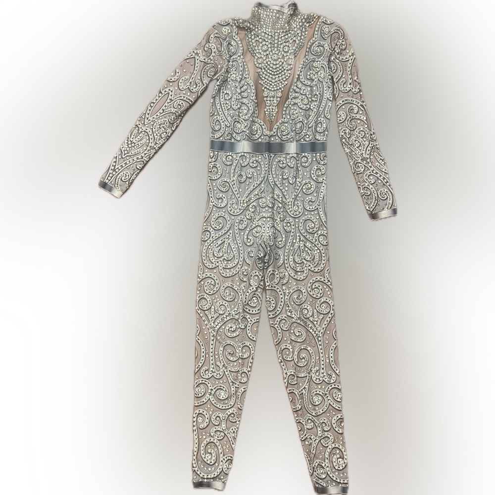 Embellished Nude Paisley Jumpsuit with Silver Accents